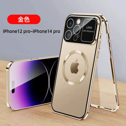 For iPhone 16 15 14 13 12 Pro Max Large Window Lens Protection Aluminum Metal Magnetic Case Shockproof Cover Screen Protector by All Mart Bristol Ltd