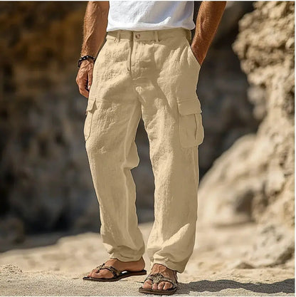 2026 Spring Summer Men Cotton Linen Pants Solid Loose Oversized Vintage Trousers Multi Pocket Straight Leg Casual Jogging Pants by All Mart Bristol Ltd
