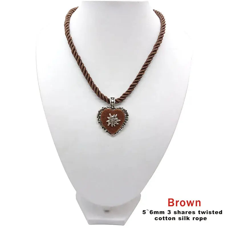 Bavarian Drawstring Cord Necklace Heart Edelweiss Pendant Ladies Costume Oktoberfest Jewelry Taditional German Pendant Necklace by All Mart Bristol Ltd