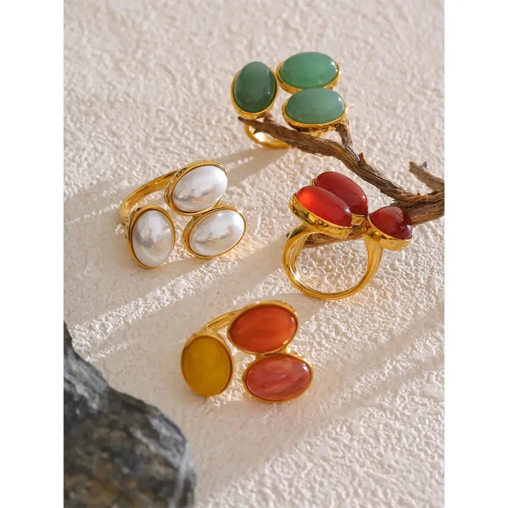 Yhpup Natural Aventurine Agate Stone Shell Pearl Flower Adjustable Ring Fashion Stainless Steel Charm Finger Jewelry Accessories by All Mart Bristol Ltd