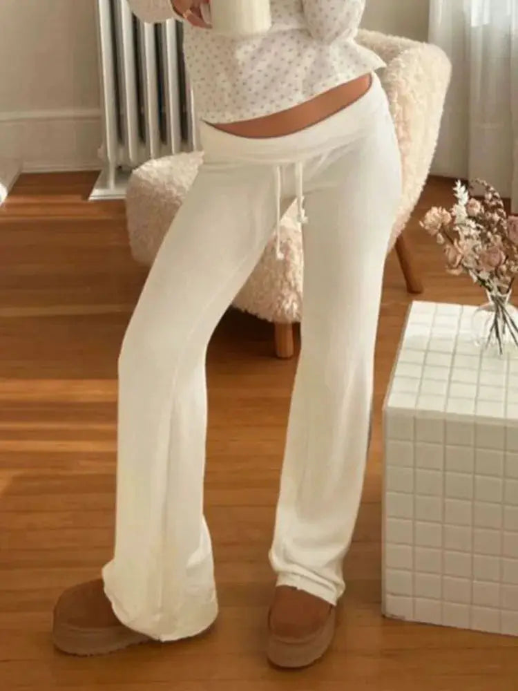 Casual Solid Basic Pants Y2K Chic Floor Length Bottoms Vintage Aesthetic Mid Waist Drawstring Straight Trousers by All Mart Bristol Ltd