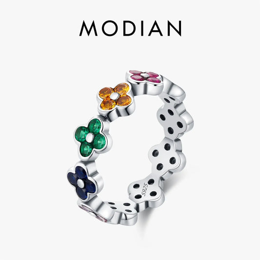 MODIAN 925 Sterling Silver Sweet Rainbow Color Zirconia Lucky Four Leaf Clover Fashion Finger Rings For Women Fine Jewelry by All Mart Bristol Ltd