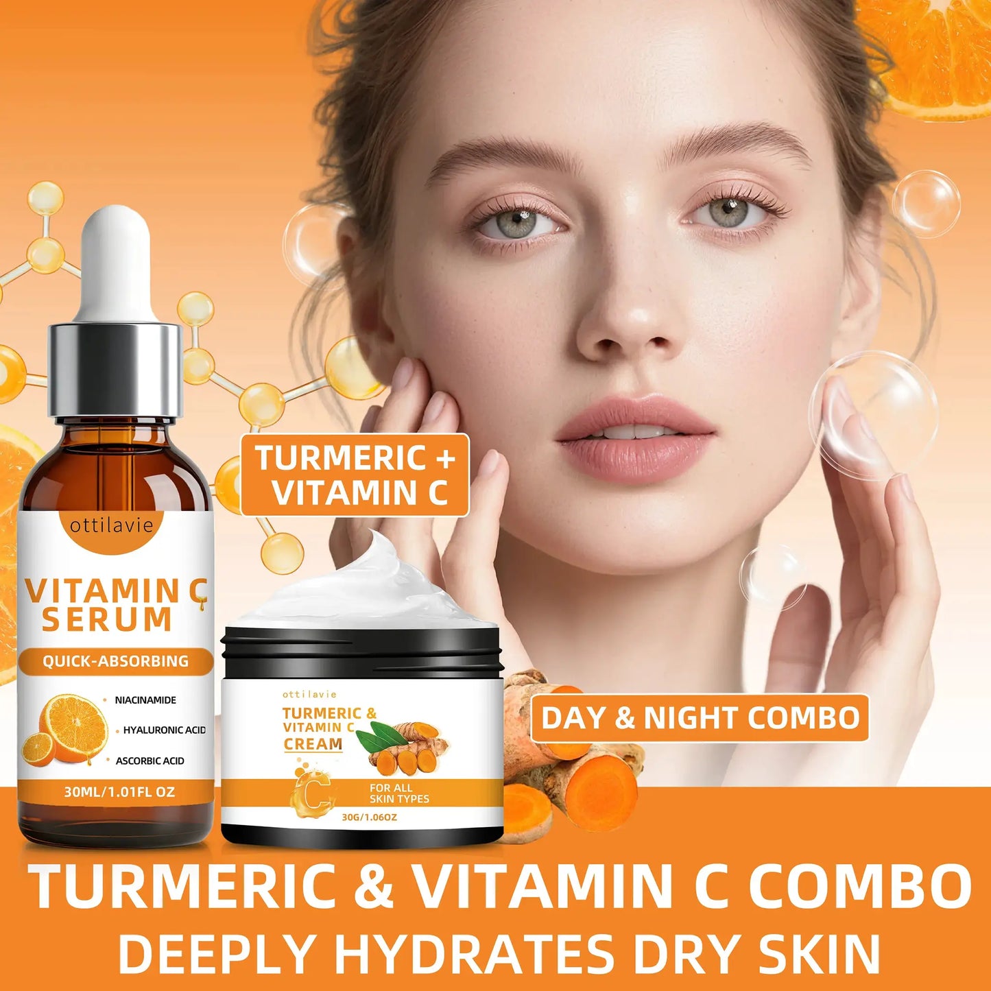 Ottilavie Turmeric & VC Cream+Serum Skincare Duo Set, ace/Neck/Body,Unisex,All Skin Types, Lightweight Daily,Non-greasy by All Mart Bristol Ltd
