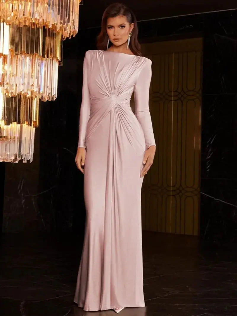 Luxury Women's Formal Occasion Dress Elegant Ladies O-neck Long Sleeve Folds High Waist Bodycon Gray Dresses Evening Party Robe by All Mart Bristol Ltd