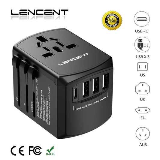 LENCENT Universal Travel Adapter with USB-C and 3 USB Ports by All Mart Bristol Ltd