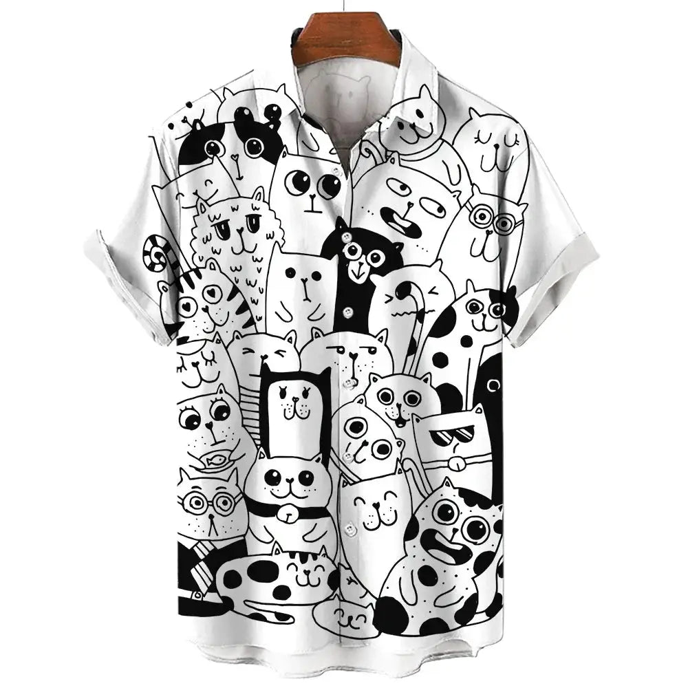 Men's Short Sleeve Shirt Fashion Cartoon Line Cat Pattern Print Top Women's Casual Button Shirt Top by All Mart Bristol Ltd