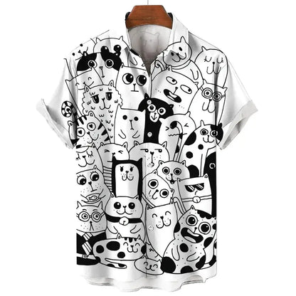 Men's Short Sleeve Shirt Fashion Cartoon Line Cat Pattern Print Top Women's Casual Button Shirt Top by All Mart Bristol Ltd