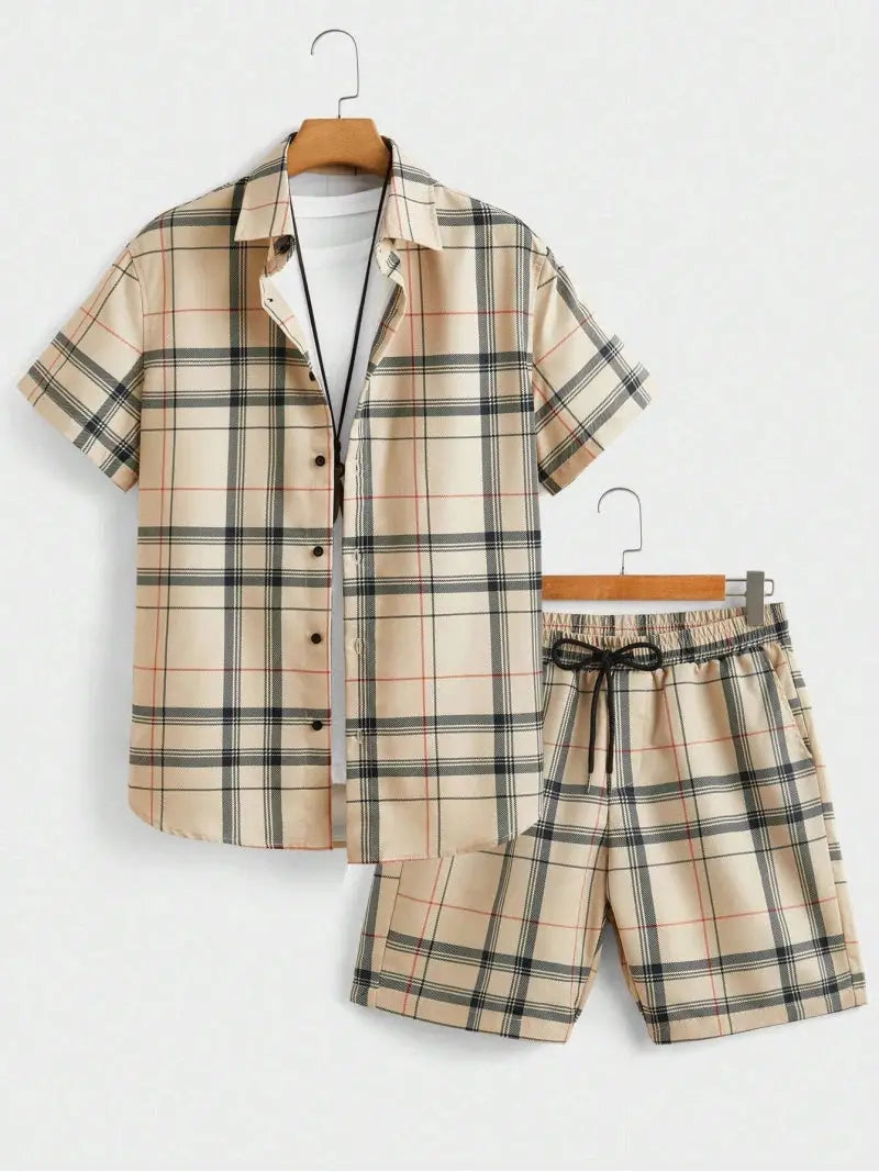 Street Casual Men's Suit Personalized Fashion Plaid Printed Pattern Short Sleeve Lapel Shirt and Shorts Men's Two Piece Set by All Mart Bristol Ltd