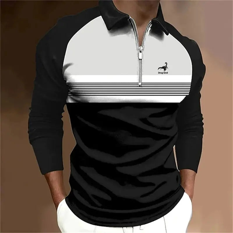 Spring Autumn New Stripe Zipper Polo Shirt Men Sport Fashion Logo Print Long Sleeve Business Casual Polo Shirt 100% Polyester by All Mart Bristol Ltd
