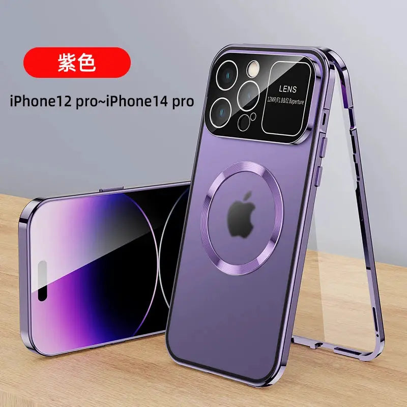 For iPhone 16 15 14 13 12 Pro Max Large Window Lens Protection Aluminum Metal Magnetic Case Shockproof Cover Screen Protector by All Mart Bristol Ltd