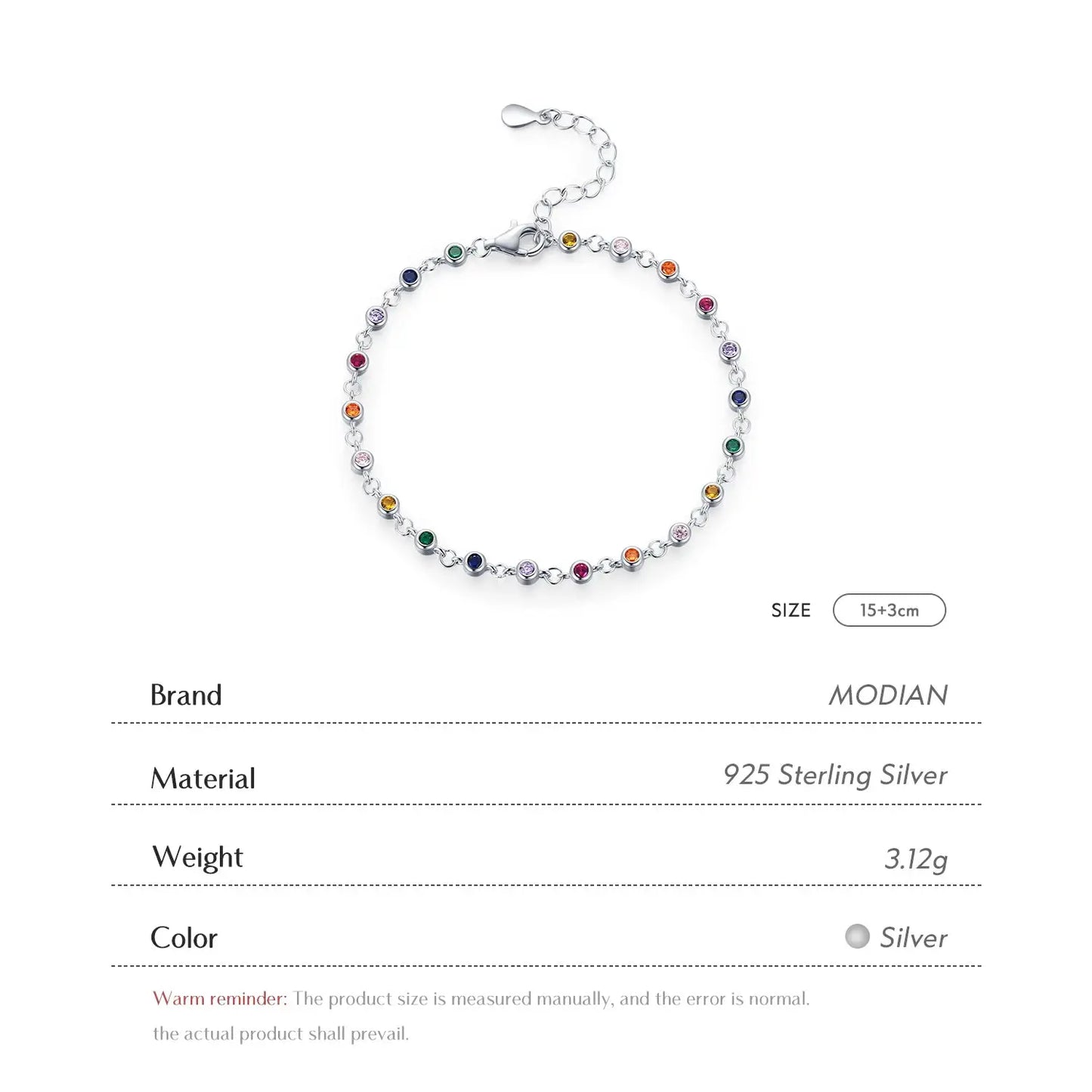 MODIAN Bohemia Style Charm Chain Bracelet For Women Real 925 Sterling Silver Rainbow Color CZ Female Fashion Jewelry Accessory by All Mart Bristol Ltd