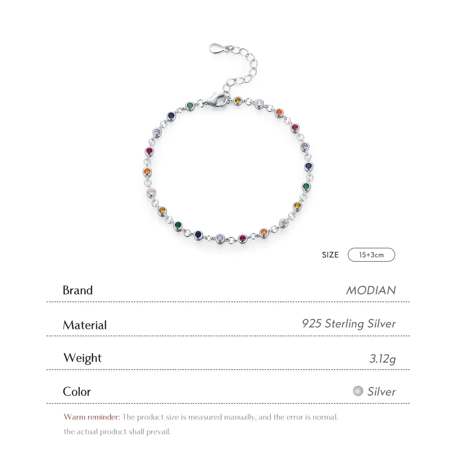 MODIAN Bohemia Style Charm Chain Bracelet For Women Real 925 Sterling Silver Rainbow Color CZ Female Fashion Jewelry Accessory by All Mart Bristol Ltd