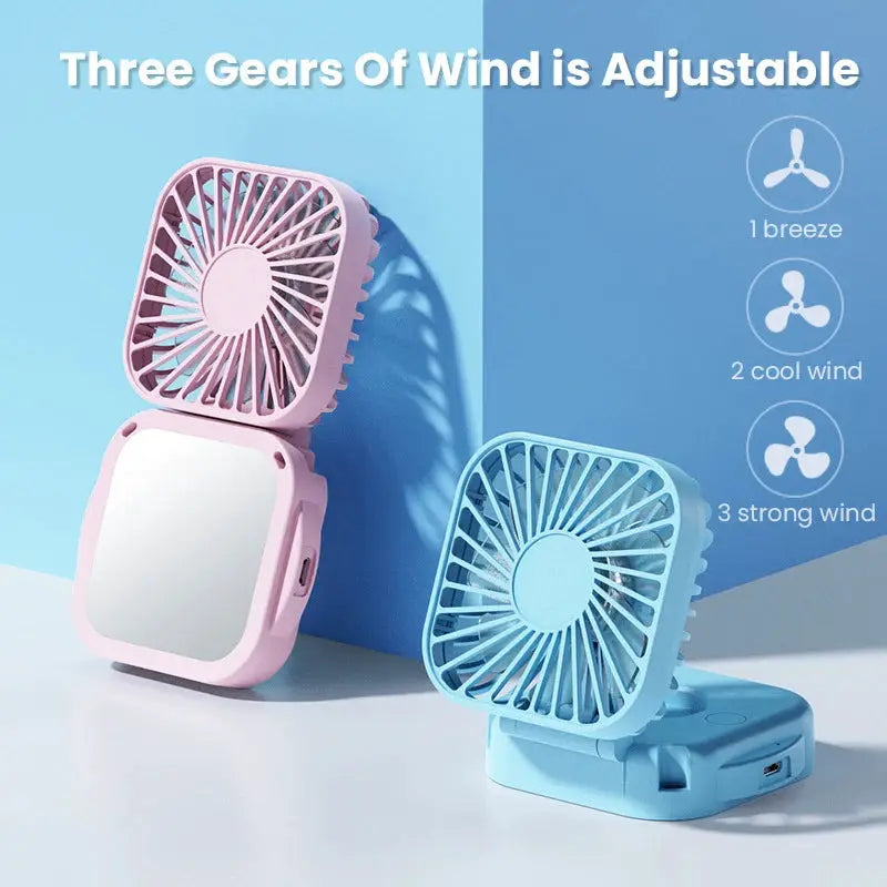Outdoor Pocket Fan USB Rechargeable With Vanity Mirror Desktop Square Mute Neck Fan Hanging Folding Handheld Portable Mini Fan by All Mart Bristol Ltd