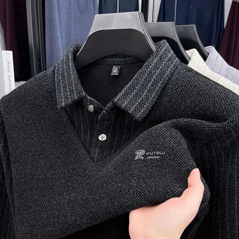 Mens Sweater Polo Collar Label Patchwork Stripes Plush Wool Liner Knitted Thickened Sweater Brand Luxury Print Thermo Menswear by All Mart Bristol Ltd