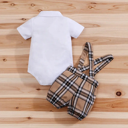2PCS IURNXB Baby Clothes Sets Short Sleeve Boys Infant Plaid Bear Bodysuit+Suspenders Trousers Set Overall Newborn Outfits 1-18M by All Mart Bristol Ltd
