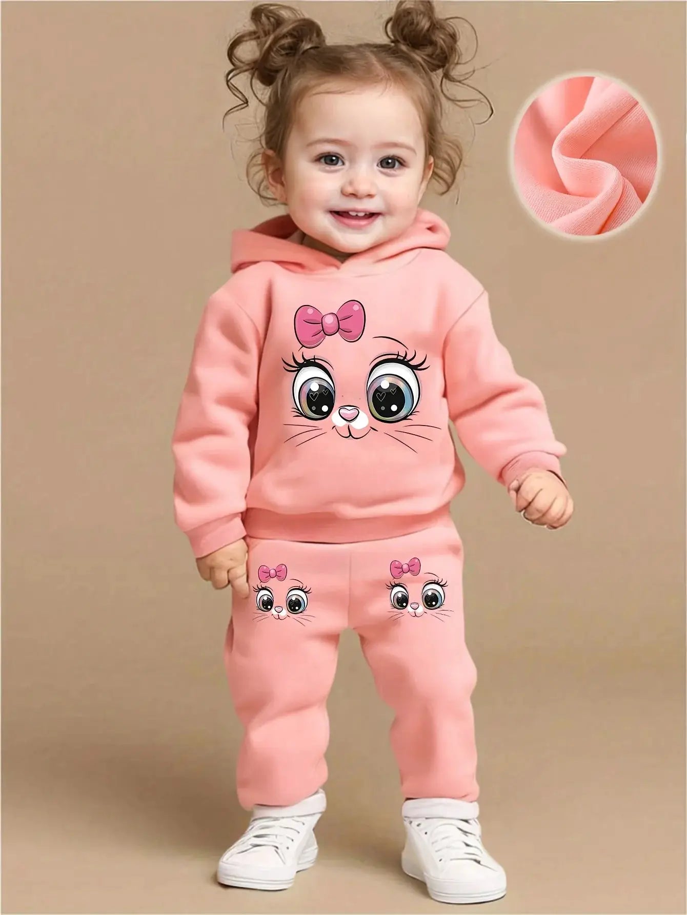 Baby girl cute cartoon cat pattern long sleeved fleece hooded sweatshirt+casual simple pants set, spring and autumn two-piece se by All Mart Bristol Ltd
