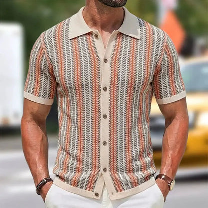 Summer Men Knitted Cardigan Short Sleeve Striped Shirts Fashion Jacquarded Blouse American Retro Premium Quality Knitwear M-3XL by All Mart Bristol Ltd