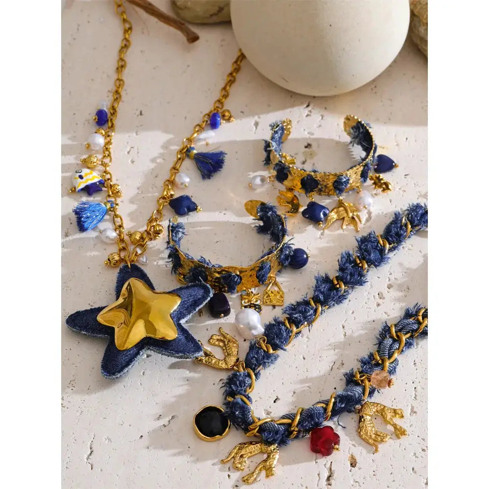 Yhpup Exclusive Design Blue Denim Heart Star Animal Pendant Necklace Bracelet Bangle Popular Charm Jewelry Autumn & Winter New by All Mart Bristol Ltd