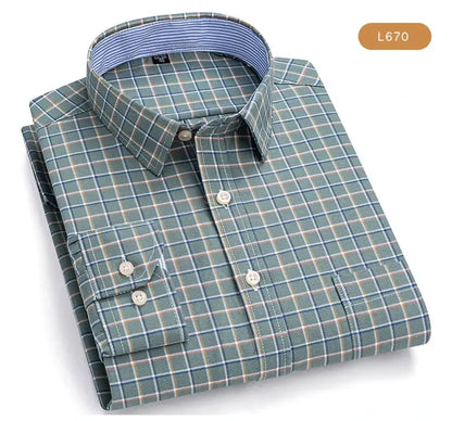 Men's Trendy Plaid Striped Lapel Collar Design Cotton Dress Shirts, Long Sleeve Casual Button Up Commuter Shirt For Spring/Fall by All Mart Bristol Ltd