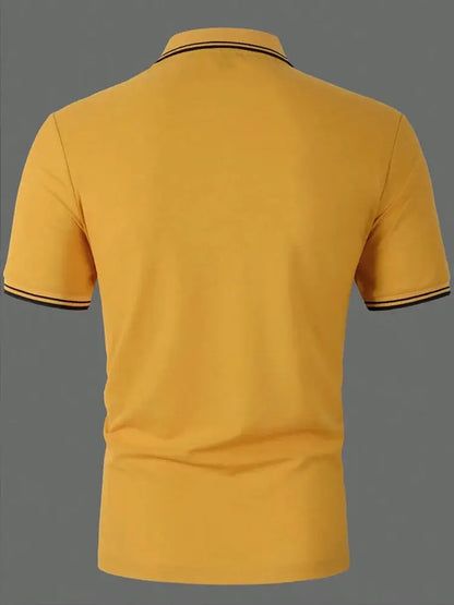 Men Horse Print Striped Trim Polo Shirt Short Sleeve Basic Modern Solid Color Golf Shirt Men's Clothing by All Mart Bristol Ltd