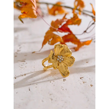 Yhpup Women's Adjustable Golden Flower Ring Rhinestone Stainless Steel Big Trending Finger Jewelry Accessories Gift by All Mart Bristol Ltd