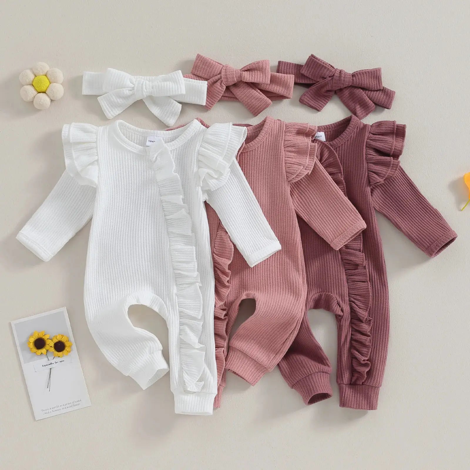Pudcoco Infant Baby Girl Autumn Jumpsuit Solid Color Round Neck Flying Sleeve Ruffled Zipper Romper with Bow Headband 0-12M by All Mart Bristol Ltd