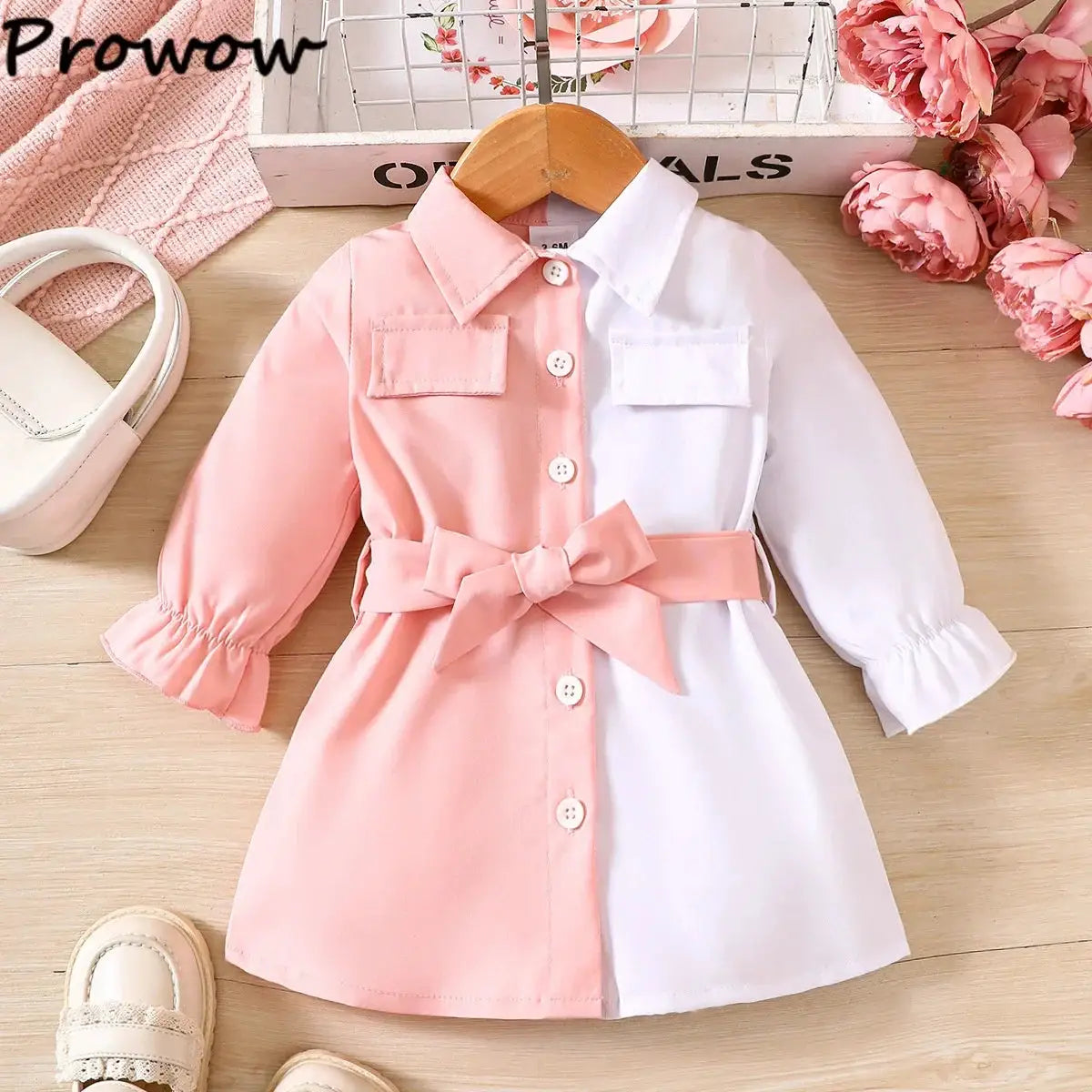 Prowow 3-24M Baby Girls Dresses Long Sleeve Pink White Patchwork Belted Dress For Girl Newborn Baby Clothes Infants by All Mart Bristol Ltd