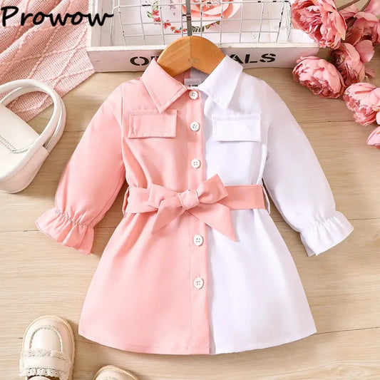 Prowow 3-24M Baby Girls Dresses Long Sleeve Pink White Patchwork Belted Dress For Girl Newborn Baby Clothes Infants by All Mart Bristol Ltd