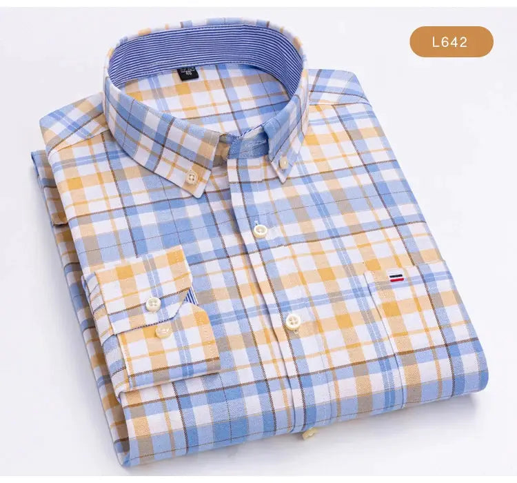 Men's Trendy Plaid Striped Lapel Collar Design Cotton Dress Shirts, Long Sleeve Casual Button Up Commuter Shirt For Spring/Fall by All Mart Bristol Ltd