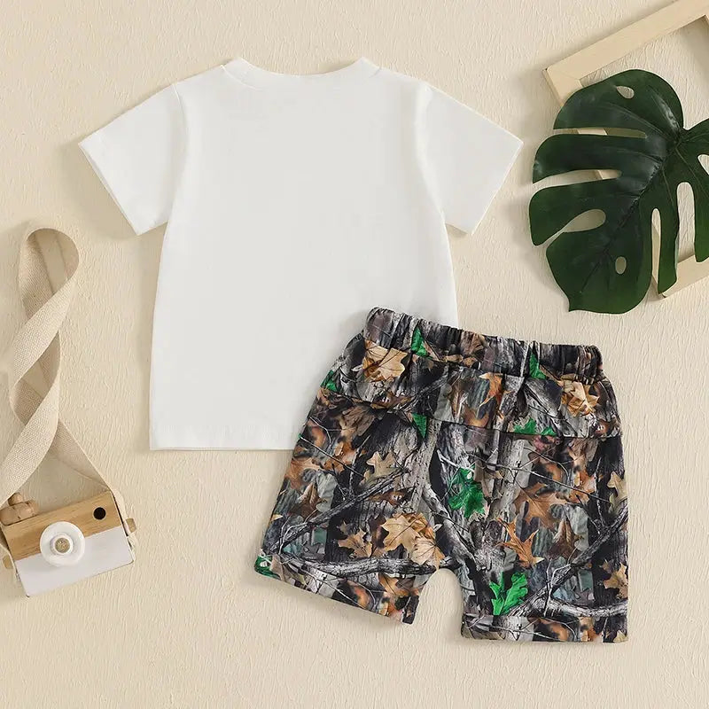 New Toddler Boy Clothes 2pcs Newborn Baby Boys Summer Short Sleeve Letter Print T-shirt with Leaves Print Shorts Outfits Clothes by All Mart Bristol Ltd