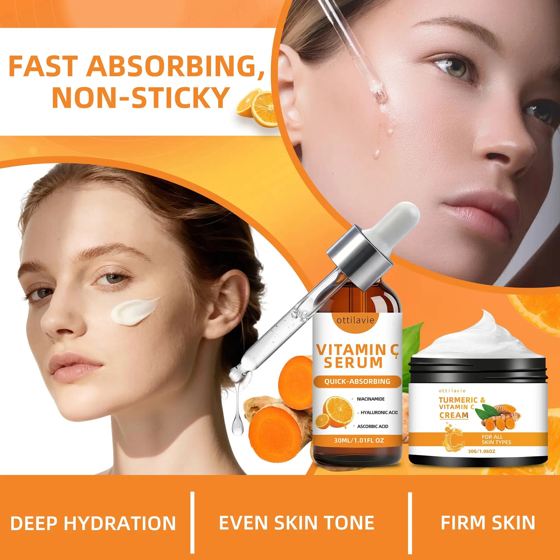 Ottilavie Turmeric & VC Cream+Serum Skincare Duo Set, ace/Neck/Body,Unisex,All Skin Types, Lightweight Daily,Non-greasy by All Mart Bristol Ltd