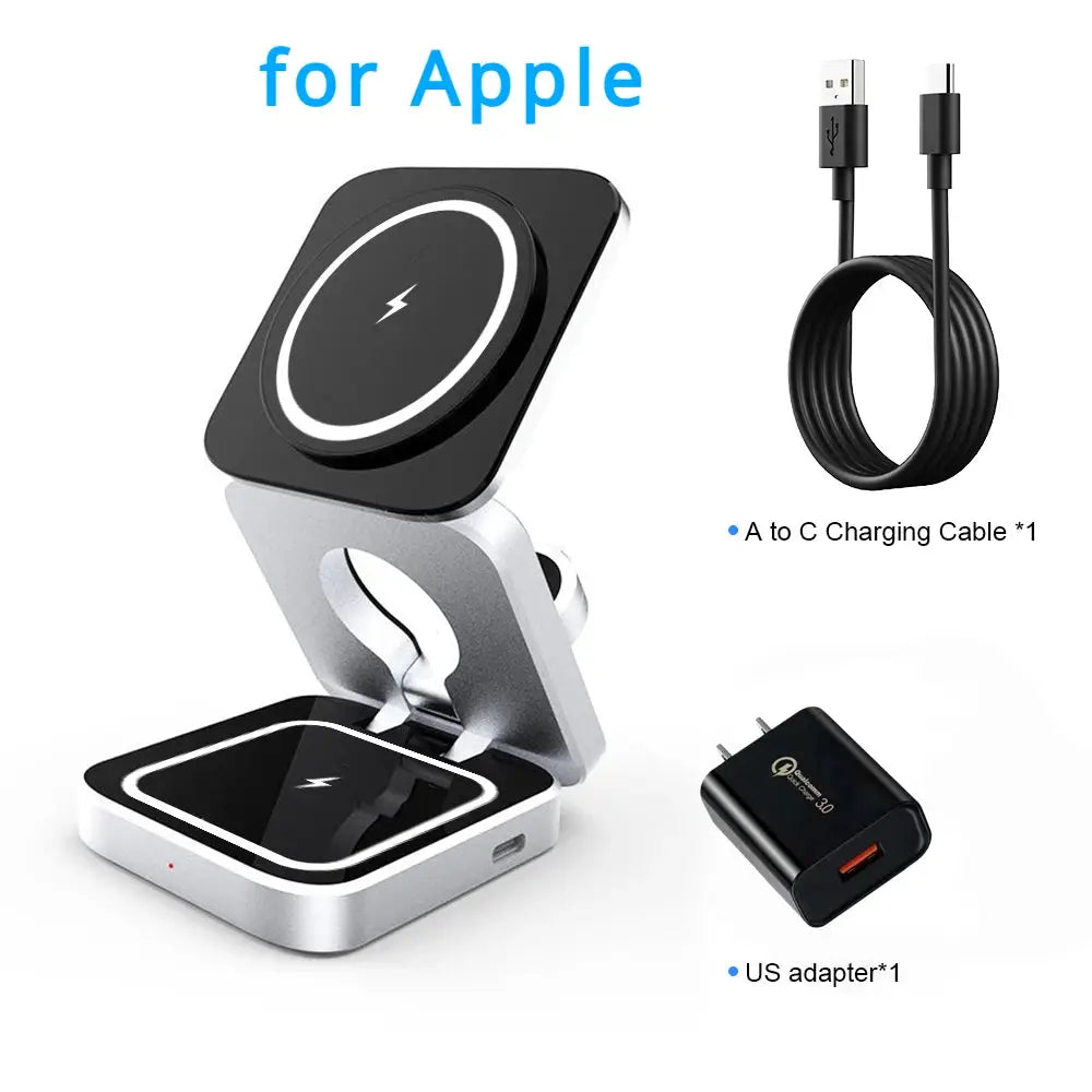 Travel 3 in 1 Magnetic Wireless Charger Foldable Stand Dock for IPhone 15, 14, AirPods,iwatch for Apple / for Samsung Galaxy S23 by All Mart Bristol Ltd