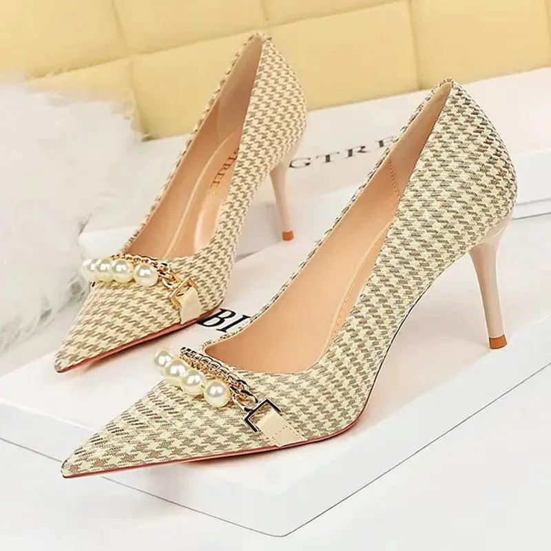 BIGTREE Shoes 2026 Spring Women Pumps Pearl Metal Chain High-heels Checked Grain Stilettos Women Heels Luxury Banquet Shoes 43 by All Mart Bristol Ltd
