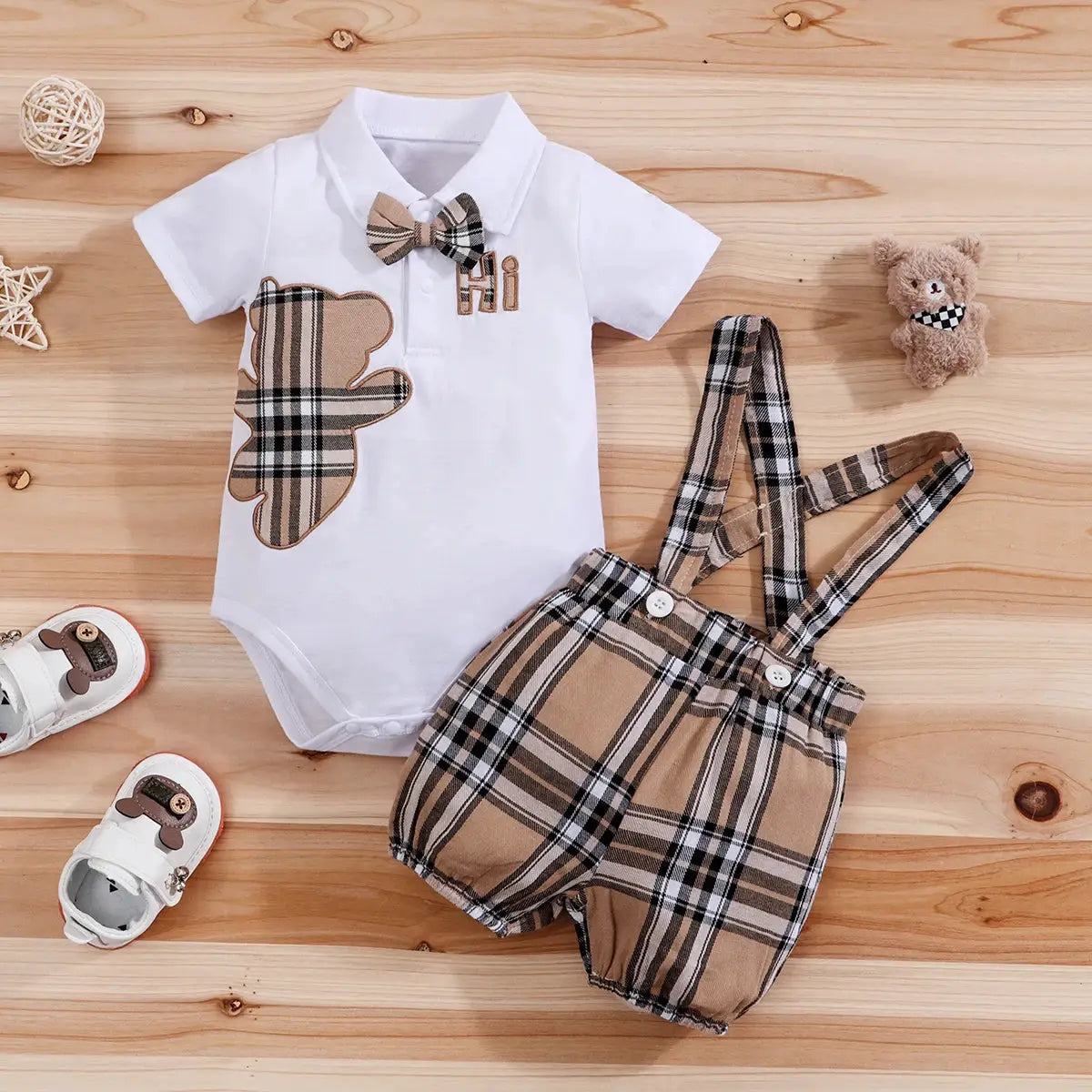 2PCS IURNXB Baby Clothes Sets Short Sleeve Boys Infant Plaid Bear Bodysuit+Suspenders Trousers Set Overall Newborn Outfits 1-18M by All Mart Bristol Ltd