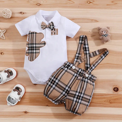 2PCS IURNXB Baby Clothes Sets Short Sleeve Boys Infant Plaid Bear Bodysuit+Suspenders Trousers Set Overall Newborn Outfits 1-18M by All Mart Bristol Ltd