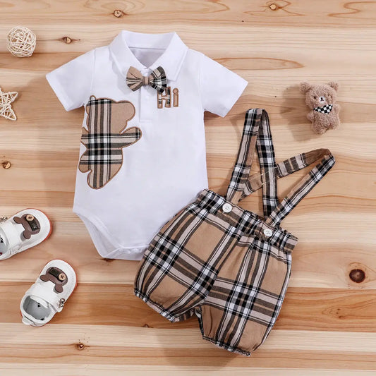 2PCS IURNXB Baby Clothes Sets Short Sleeve Boys Infant Plaid Bear Bodysuit+Suspenders Trousers Set Overall Newborn Outfits 1-18M by All Mart Bristol Ltd