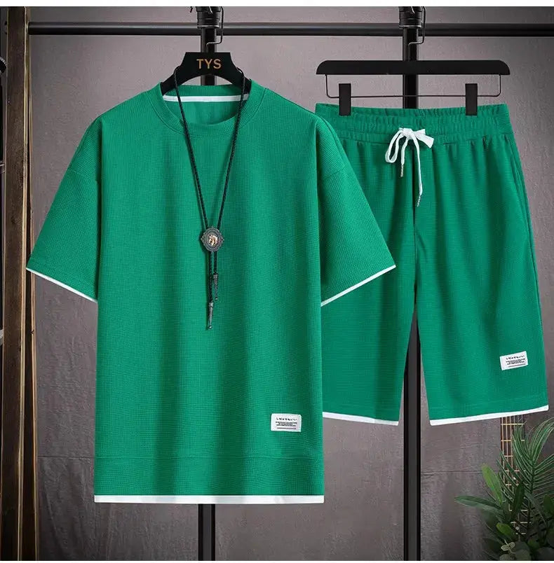 2026 new Summer Men's Waffle Sets Casual T-Shirt And Shorts Set Male Sports Suit Solid Color Tracksuit Loose Suits by All Mart Bristol Ltd