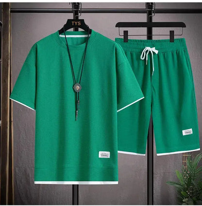 2026 new Summer Men's Waffle Sets Casual T-Shirt And Shorts Set Male Sports Suit Solid Color Tracksuit Loose Suits by All Mart Bristol Ltd