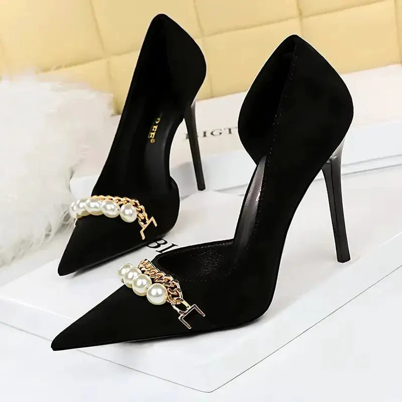 BIGTREE Shoes 2026 Spring Women Pumps Pearl Metal Chain High-heels Checked Grain Stilettos Women Heels Luxury Banquet Shoes 43 by All Mart Bristol Ltd