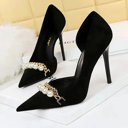 BIGTREE Shoes 2026 Spring Women Pumps Pearl Metal Chain High-heels Checked Grain Stilettos Women Heels Luxury Banquet Shoes 43 by All Mart Bristol Ltd