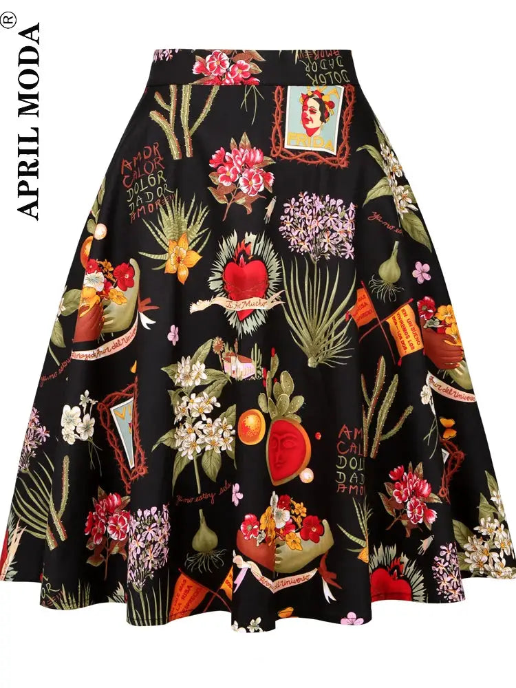 Women's Runway Cotton Retro Vintage Skirt Black Faldas High Waist A Line Rockabilly Jupe 50s Swing Umbrella Skirts Pin Up Skater by All Mart Bristol Ltd