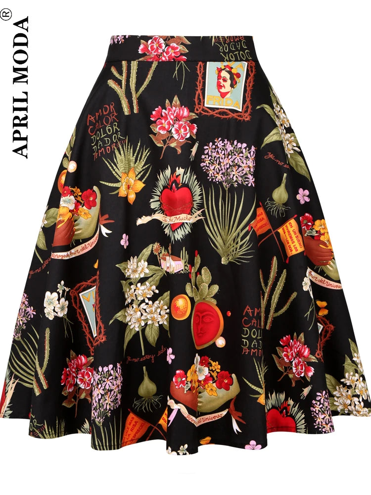 Women's Runway Cotton Retro Vintage Skirt Black Faldas High Waist A Line Rockabilly Jupe 50s Swing Umbrella Skirts Pin Up Skater by All Mart Bristol Ltd