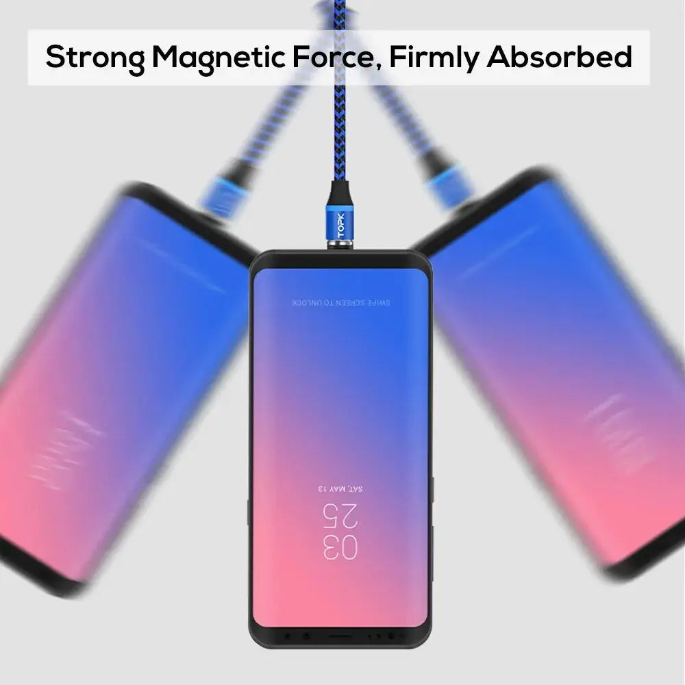 Magnetic Charging Cable 3 IN 1 TOPK 360 Rotation Magnetic Phone Charger Cable with LED Light for Micro USB Type C Cable by All Mart Bristol Ltd