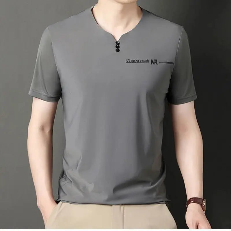Luxurious Men V-neck T-shirts High end Mulberry Silk Men Short Sleeve Business Tops 2024 Summer Men Casual Tshirt Clothing by All Mart Bristol Ltd