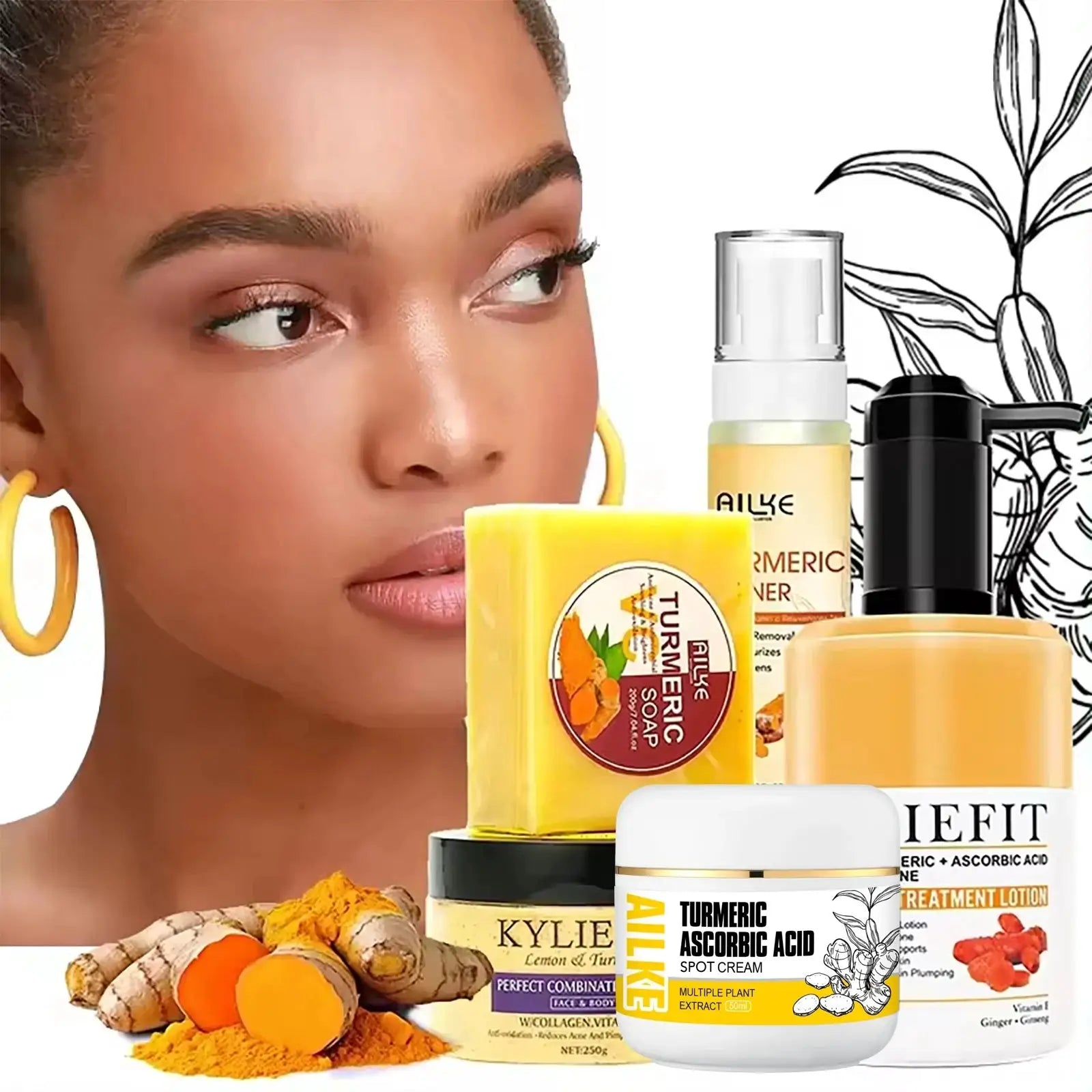 AILKE Organic Turmeric Lightening Skin Care Set, Reduce Acne, Improve Dullness, Hydration, Exfoliate, Clean and Smooths Skin by All Mart Bristol Ltd