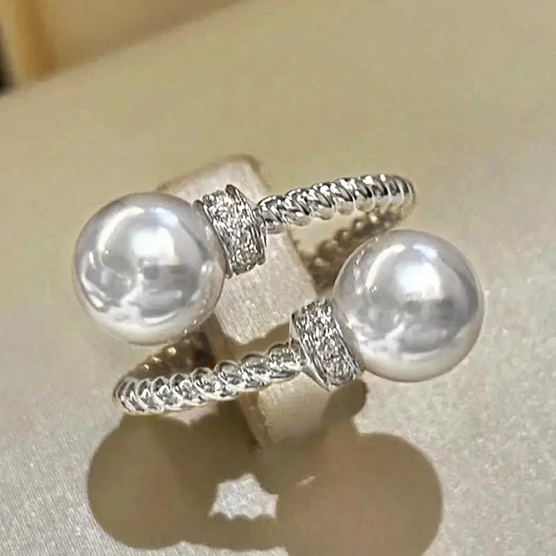 Huitan Temperament Double Imitation Pearl Open Ring Twist Gold Color Band New Fashion Women's Accessories Wedding Jewelry 2023 by All Mart Bristol Ltd