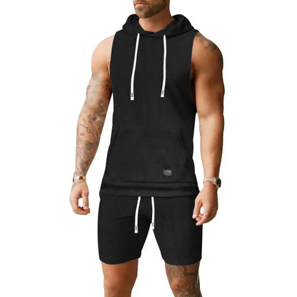 Men Casual 2 Piece Set Fashion Jacquard Knitted T-shirt Hooded Sleeveless Vest Elastic Waist Shorts Jogging Fitness Apparel by All Mart Bristol Ltd