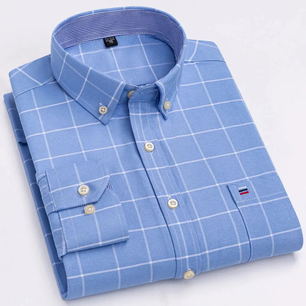 Men's Trendy Plaid Striped Lapel Collar Design Cotton Dress Shirts, Long Sleeve Casual Button Up Commuter Shirt For Spring/Fall by All Mart Bristol Ltd