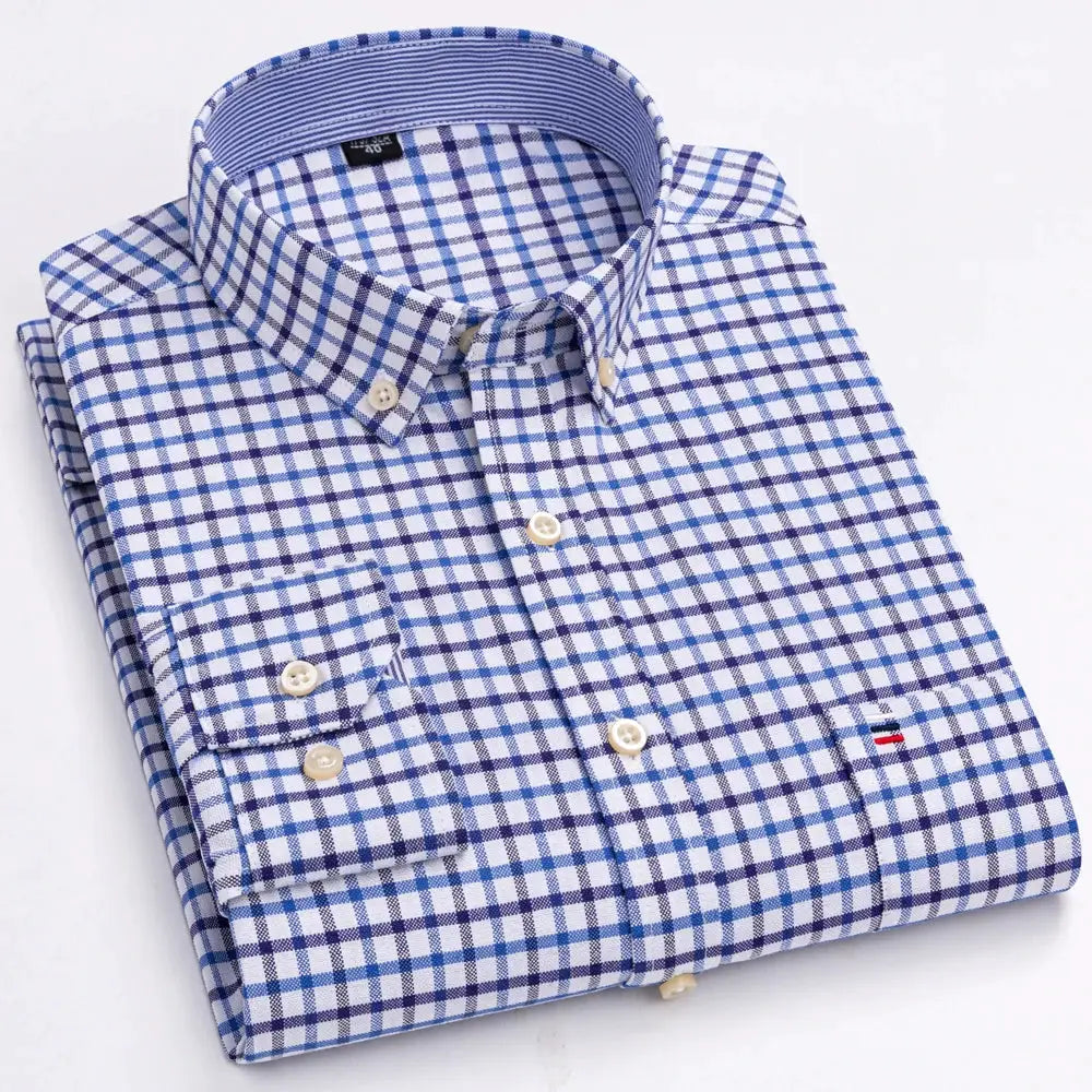 Men's Trendy Plaid Striped Lapel Collar Design Cotton Dress Shirts, Long Sleeve Casual Button Up Commuter Shirt For Spring/Fall by All Mart Bristol Ltd