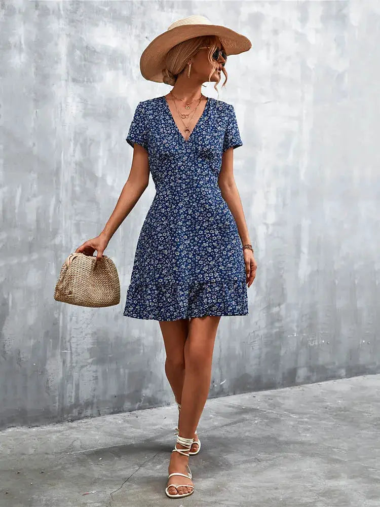Summer Short Boho Dress Women V Neck Print Floral Party Dress Ladies Bohemian Flower Mini Dress For Women by All Mart Bristol Ltd
